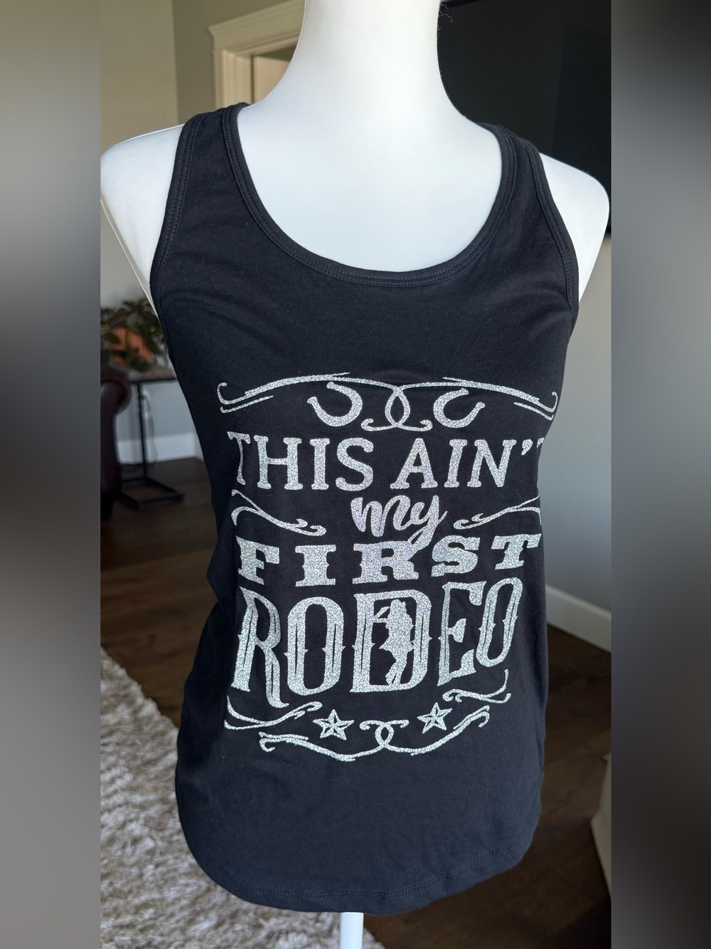 Black Graphic Racerback Tank "This Ain't My First Rodeo" Silver Glitter, Small